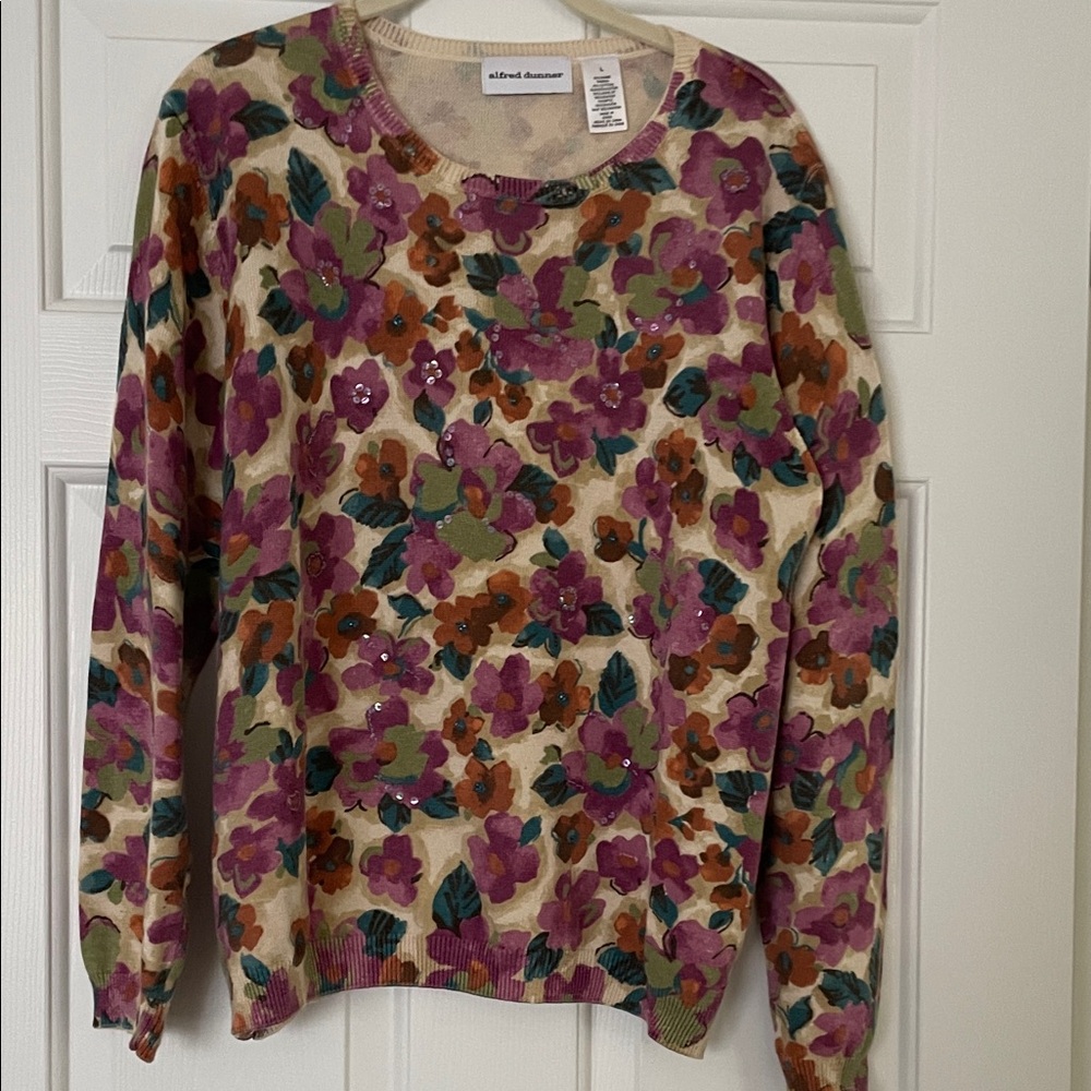 Alfred Dunner Multicolor Floral Crew Neck Sweater